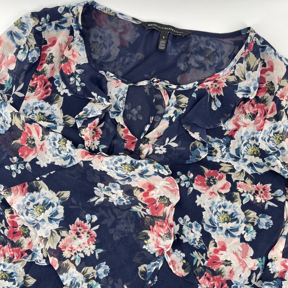 White House Black Market Floral Chiffon Ruffle Long Sleeve Blouse Top Size 8 - Picture 1 of 8